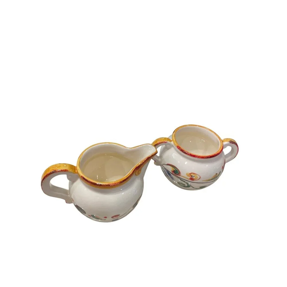 Sur La Table Italian Handmade floral ceramic bowl creamer sugar salt pepper set
